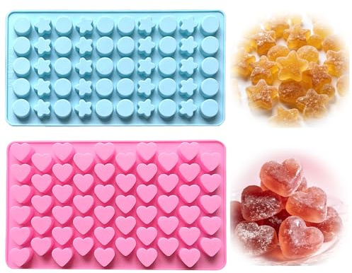 SEABABOO 2 Stück Gummibärchen Form Silikon, 105 Löcher Herz Stern Runde Süßigkeiten Backform Silikon, Mini Schokoladenformen für DIY Bonbon Schokolade Gelee Kuchendekoration, Rosa Blau