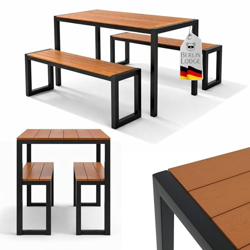 BERLINLODGE Bierzeltgarnitur MALLORCA 3-teilig Gartenmöbel-Set 4 Personen, 2 Gartenbänke mit Tisch 118cm breit, Holzoptik Kunststoff/Metall wetterfest Gartengarnitur Garten Terrasse Balkon Gartentisch