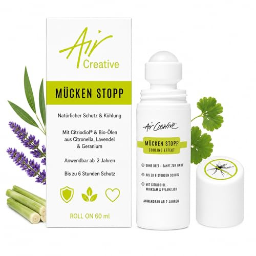Air Creative Mückenschutz Roll-On für Familie & Kinder ab 2 Jahren – Natürlicher Mückenspray Ersatz mit Citriodiol® & BIO-Ölen – DEET-frei – 6 Stunden Schutz & Cooling-Effekt – 60 ml