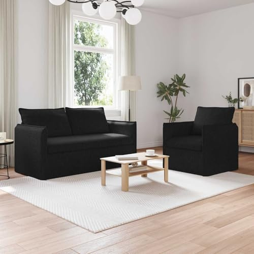 Kaloriko Sofa Set 2-teilig Schwarz Stoff mit Stabiler Metallrahmen und Holzarmlehnen, 156 x 82 x 85 cm, Zweisitzer und Dreisitzer, ideal für Wohnzimmer, Gästezimmer, ergonomisch und platzsparend