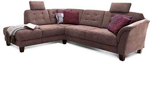 CAVADORE - Divano angolare Trond con ottomana a sinistra/divano a molle in stile country con 2 poggiatesta e sedile con cassetta/260 x 89 x 214 cm, tessuto marrone