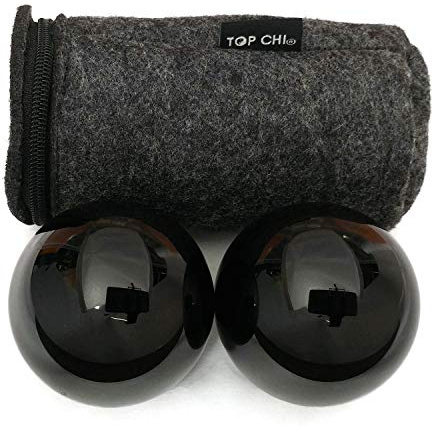 Top Chi Black Obsidian Baoding Balls with Carry Pouch for Hand Therapy, Exercise, and Stress Relief (Large 1.9 Inch)