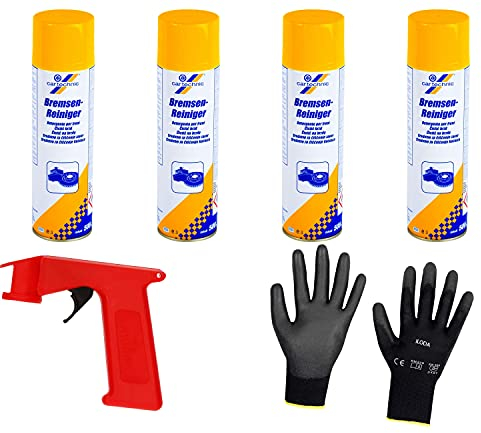 Iloda® Schutzhandschuhe + Sprüh-Pistolengriff (rot oder schwarz) + 4X 500ml cartechnic Bremsenreiniger Spray, Entfetter, Ölentferner, Fettentferner