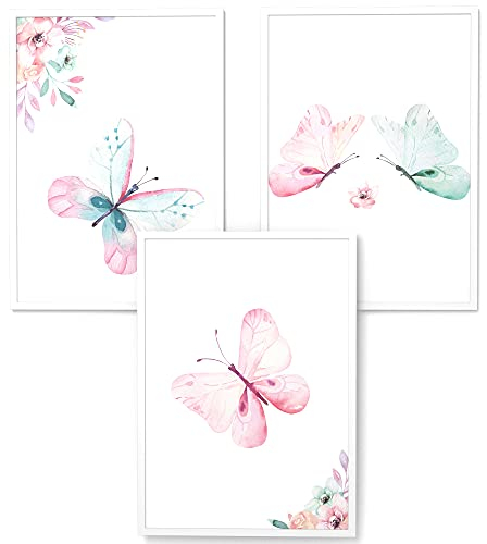 Papierschmiede® Kinderbilder 3er Set, A3 gerahmt in Holzrahmen (weiß), Geschenk für Jungen & Mädchen Wanddeko Kinderzimmer Babyzimmer, Schmetterlinge