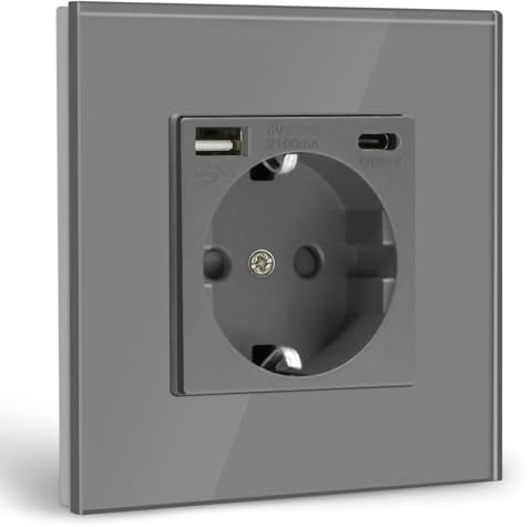 BSEED USB Grau Schuko Steckdose mit USB Anschluss (Max. 2.1A) Typ C Port Unterputz Steckdose Glas Schutzkontaktsteckdose Ladegerät für Handys, Laptops etc