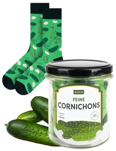 soxo Socken Herren & Damen Essen - Antipasti Geschenk Mit Gurken 35-45 | Sauerkraut Motiv, Cornichon Design, Wildschwein Print, Pilze eingelegt, Kartoffelsalat Art, Würstchen Grafik, Heringe Thema