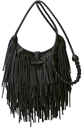 Borsa a tracolla da donna con frange e nappe, stile hippie, bohémien, in pelle, vintage, western, cowgirl, per concerti, nero, taglia unica