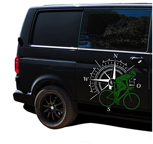 Autoaufkleber Kompass Sport Bike 61x60cm Windrose Sticker Folie für Auto Wohnwagen Anhänger Aufkleber Selbstklebend Kfz Zubehör KX072 KX073 (Kompass weiß, Fahrrad Grün)