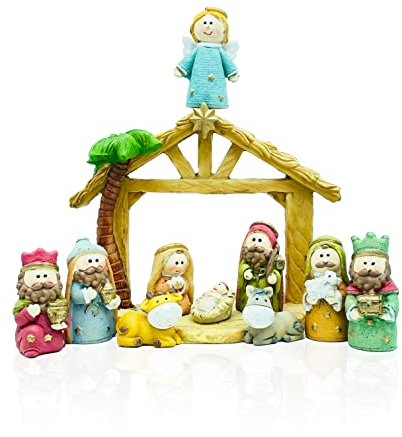 Gesar Presepe Natalizio Colorato - Set 11 Pezzi con Capanna in Ceramica 6 cm - Personaggi Natività Colorati - Presepe Moderno ed Elegante