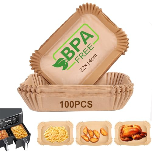 AiQInu Bakplåtspapper för varmluftsfritös med dubbelkammare, 100 stycken 22 x 14 cm BPA-fritt rektangulärt airfryer bakpapper non-stick engångs vattentät oljebeständigt bakplåtspapper liner airfryer