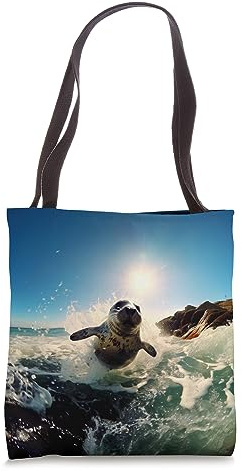 Seal Sea Lion Jumping Ocean Waves Sea Lion Art Design Tote Bag