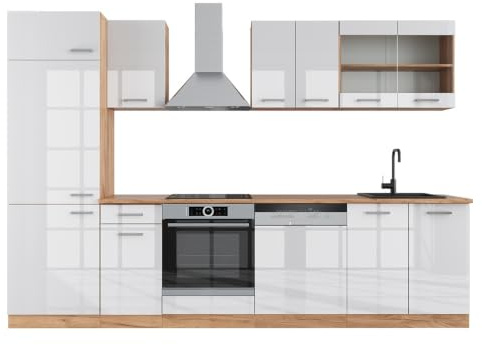 Vicco Küchenzeile R-Line, Weiß Hochglanz/Goldkraft Eiche, 300 cm | 8 Module · Höhenverstellbare Füße · AP Eiche inkl. · Robuste Fronten · Mit Kühlschrankumbauschrank · Frei kombinierbar