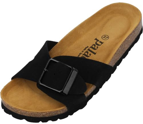 Palado Pantoletten Damen Tinos Premium Leather - elegante Sandalen Made in Spain - bequeme Hausschuhe mit Kork-Fußbett - modische Sommerschuhe Schwarz UK8 - EU41