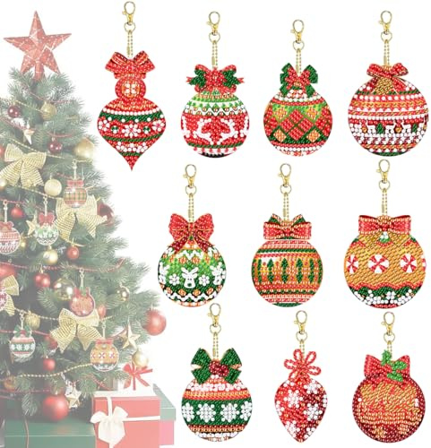 10 colgantes de pintura de diamante para Navidad, 5D, pintura de diamantes, juego de manualidades para niños, pintura de diamantes, llaveros, calendario de Adviento, manualidades, decoración de árbol