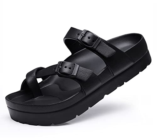 Beslip Women's Platform Sandals with Arch Support Comfortable Foam Slides Lightweight Thick Soles, Adjustable Buckle, Ultra Cushion,Black Women Size 6-6.5