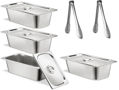 LDXDRU Panierschalen Set 4-teilig, 32,5 x 17,5 x 6,5 cm GN Behälter 1/3 mit Deckel, Edelstahl Panierstrasse Gastro Behälter, Metall Panierstraße rechteckig für Koteletts, Schnitzel Fleisch Fisch