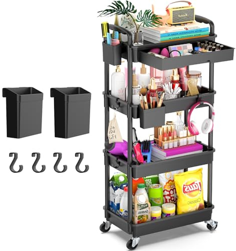 Goovilla 4 Tier Rolling Utility Cart Organizer with Removable Drawer, Stable and Sturdy Black Rolling Storage Carts with 2 Lockable Wheels for Bathroom, Kitchen, Snack, Craft, Makeup, Baby Essentials