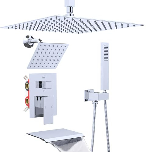 Système de double pommeau de douche avec bec de baignoire, support au plafond de 30,5 cm avec pommeau de douche mural de 15,2 cm, robinet de douche chromé
