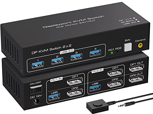 ATLAHET Displayport KVM Switch 2 Monitors 2 Computers 8K 60Hz 4K 120Hz Dual Monitor USB 3.0 KVM Switches for 4 USB Devices, Wired Extension Button,12V DC Adapter and USB3.0 Cables