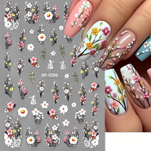 Pflaumenblüte Blume Nagelsticker Blumen Nagelaufkleber Weiß Rosa Flower Nail Sticker Relief Flowers Nail Stickers Frühling Sommer Floral Nagel Sticker Blumen Nageldesign Nagel Zubehör Nailart