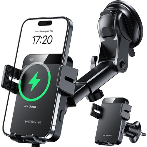 MOKPR Car Phone Holder Wireless Charger, 15W Wireless Car Charger Auto Clamping, Car Phone Holder for Air Vent/Dash/Windshield for iPhone 16/15/14/13/12&Samsung S24/S23/S22&LG V70/V60 (Black)