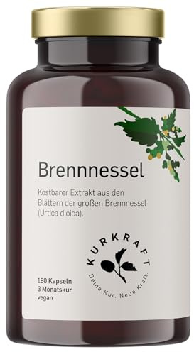 Kurkraft Brennnessel (180 vegane Kapseln) - 10:1 echter Brennnessel-Extrakt - 900mg hochdosiert je Tagesdosis - ohne Zusatzstoffe - hochdosiert