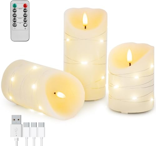 Rechargeable Flameless LED Candles,Flickering Candles with Remote Control & Timer Embedded Fairy String Lights,Real Wax,4 5 6 Set of 3 for Valentine's Day,Table Centerpiece Decorations,Home Decor