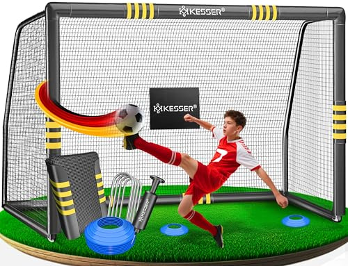 KESSER® Fußballtor für Garten Robustes Outdoor Training Schusstraining UV-beständigem Netz, Stahlrahmen mit Polsterung, Erdhaken, Luftpumpe, Hüttchen, Montagezubehör für Kinder und Erwachsene