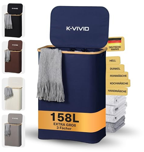 K-VIVID Wäschekorb 3-teilig (Dunkelblau) – 158 L – Wäschekorbe mit 3 Fächern – Wäschesammler mit Deckel & Tragegriffen – 3 Fächer zur Wäschetrennung – Wäschekorb mit herausnehmbarem Innensack