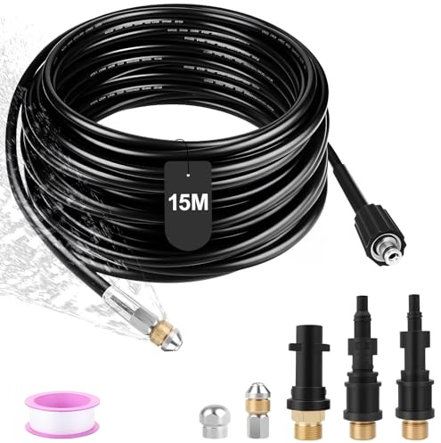 Manguera para hidrolimpiadora de 15 m, compatible con Karcher K2 a K7 | Juego con 3 adaptadores y 2 boquillas, incluye cinta de sellado, compatible con Lavor, Bosch y Parkside para limpiar tuberías