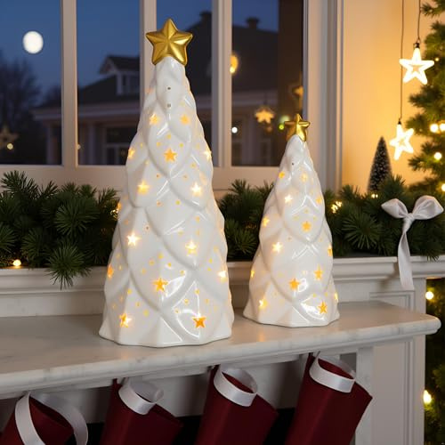DN DECONATION Keramik Weihnachtsbaum mit Licht Weißer und Gold, 2 Stück Tannenbaum mit Sternen-Ausschnitten, Weihnachtsbeleuchtung Weihnachtsbäume für Tischdekoration, Weihnachtsdorf, Büro