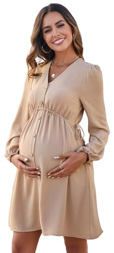 YesFashion Damen Umstandskleid Kurzarm Stillkleid elegant V-Ausschnit Schwangerschaftskleid mit Knöpfen
