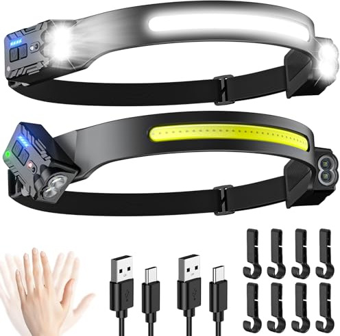 Head Torch Rechargeable, 2-Pack Super Bright 300° Wide Beam & 270° Adjustable Spotlight LED Headtorch, 8 Modes Motion Sensor, Waterproof Lightweight Hands-Free Headlamp for Running Camping Fishing
