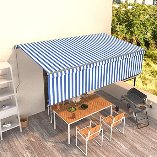 HaoChrymec Markise Einziehbar mit Rollo, Pulverbeschichteter Aluminiumrahmen, UV-Schutz, Sonnenschutz Balkon, Freistehende Markise, Blau & Weiß, 5 x 3 m