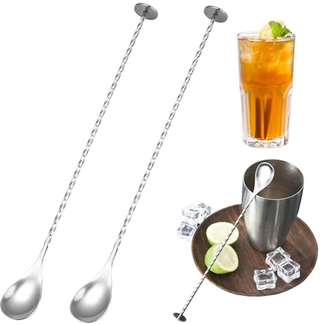 2 Stück Barlöffel,Cocktail Löffel,Cocktaillöffel,30cm Lange Löffel Edelstahl,Probierlöffel,Stampfer,Spiral Designer Longdrinklöffel,Bar Zubehör Für Stir Cocktail Kaffee,Leckere Longdrinks