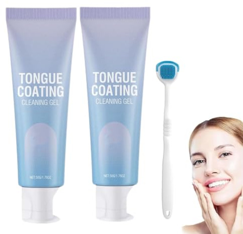 Kit de nettoyage de la langue avec brosse, gel nettoyant pour la langue, gratte-langue, élimine les poils blancs et la mauvaise haleine, menthe fraîche pour une haleine fraîche (2 pièce)