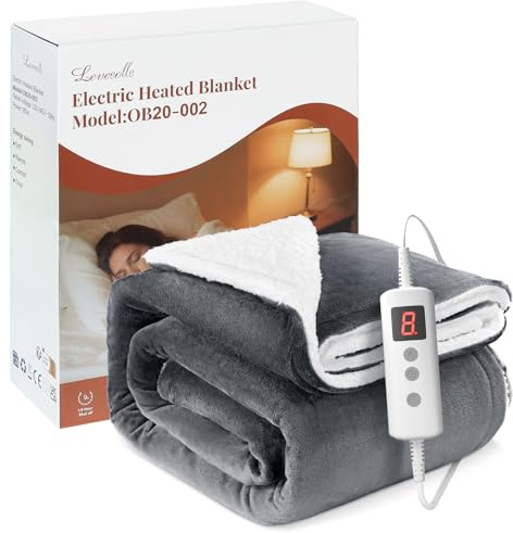 Levesolls Coperta Termica Elettrica 180x130cm,Schermo LED-10 Livelli Temperatura,9 Impostazioni di Timer,Microfibra+Pile di Agnello,Lavabile,Riscaldamento Rapido,Spegnimento,Automatico-Grigio Scuro