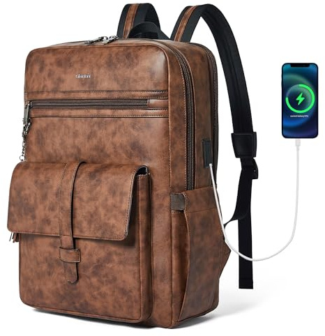 Shrrie Mochila de piel vegana para portátil de 16 pulgadas con cargador USB, ligera e inteligente parade para hombre y mujer para negocios, trabajo, oficina y universidad, Bicolor Marrón