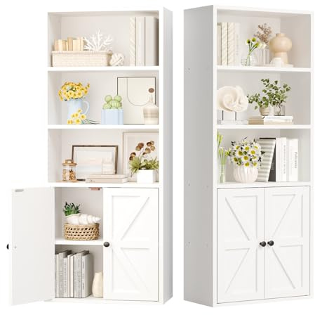 Nordivale Bücherregal mit Türen, Bücherregal Weiß aus Holz, Bücherschrank Hoch mit 5 Ebenen, Standregal, für Wohnzimmer, Schlafzimmer, Büro, Arbeitszimmer, 2 Stück