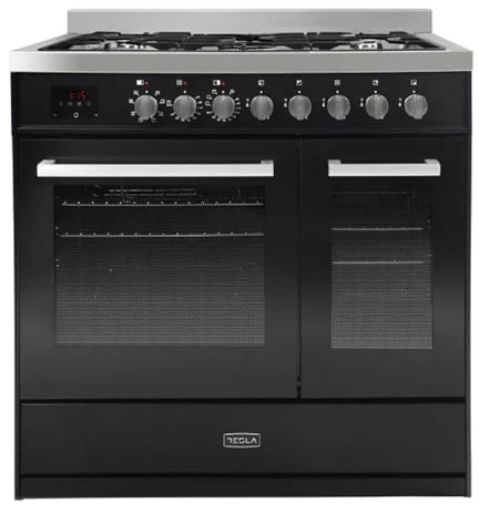Tesla Dual Fuel Cooker - Freestanding, A/A Energy, 5-Burner Gas Hob, 90cm Double Cavity, 63L & 36L Ovens, Easy Clean Enamel, LED Timer, (T90DDFRCB) (Black)