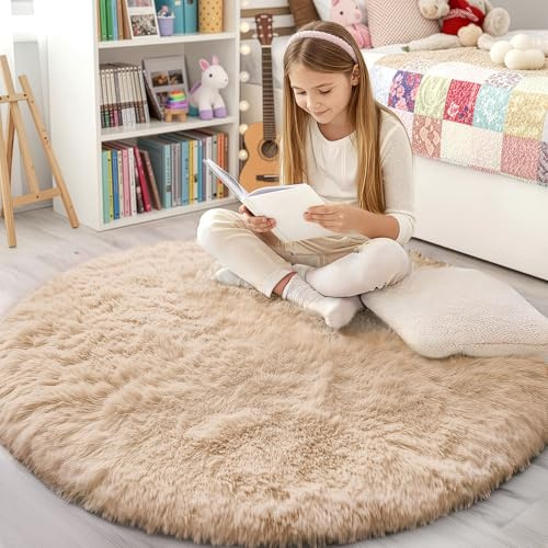 smiry Flauschig Hochflor Teppich Wohnzimmer, Rund 120x120 cm, Kamel | Rutschfest Waschbarer Moderner Teppiche Kuscheliger Wohnzimmerteppich fürs Kinderzimmer Schlafzimmer