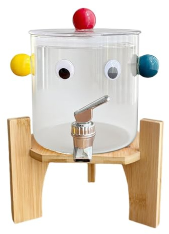 Dispensador de Bebidas de Vidrio para Refrigerador, Jarra con Grifo para Agua, Limonada, Cerveza, Ideal para Bodas, Eventos, Individual- Con Soporte de Madera
