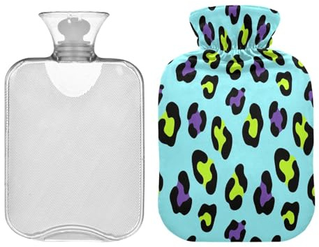 Bolsas de agua caliente con estampado de leopardo verde, morado, azul, con cubierta suave, bolsas de agua caliente de 2 litros para calentador de abdomen, calambres menstruales, bolsa caliente para