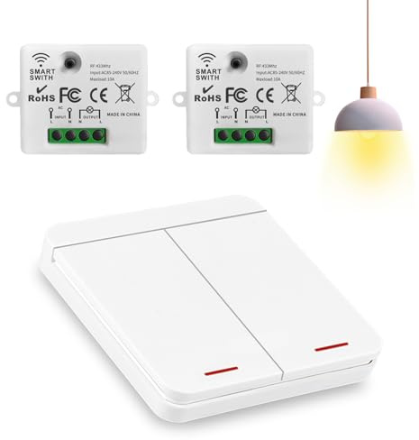 Funkschalter 230V RF433 Funk Lichtschalter Ohne Batterie, Funklichtschalter Set, Wandlicht Funkschalter, Funk Wechselschalter Keine Verkabelung Erforderlich für Smart Home (2 Empfänger + 1 Schalter)