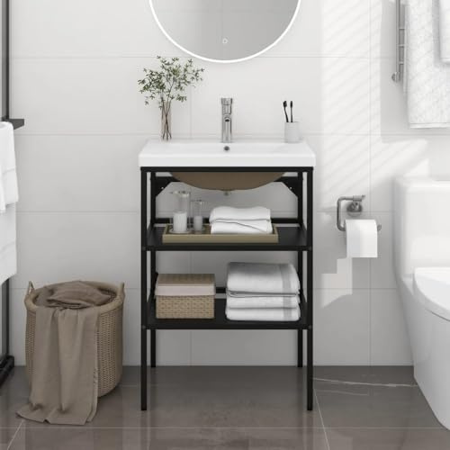 Qnhdfrt Bathroom Washbasin Frame, Built-in Ceramic Basin, Black Iron 59x38x83 cm, Freestanding Storage Cabinet