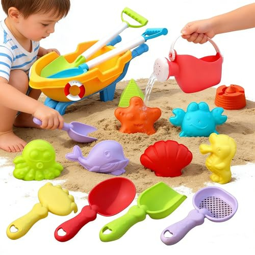 Sandspielzeug Set 19 Stück Sandkasten Spielzeug Strandspielzeug Kinder Junge Mädchen mit Eimer, Strandbuggy, Sandförmchen, und Schaufel Reise Sand Spielzeug ab 1 Jahr für Draußen Strand (A-18pc)