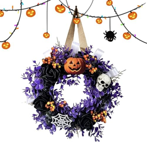 Halloween Dörrkransar 35 cm Girlang med dödskallar och pumpor | Spökhus Krans Dekoration Passar För Inomhus Och Utomhus Vardagsrummet Fönster Vägg Och Entréhallen
