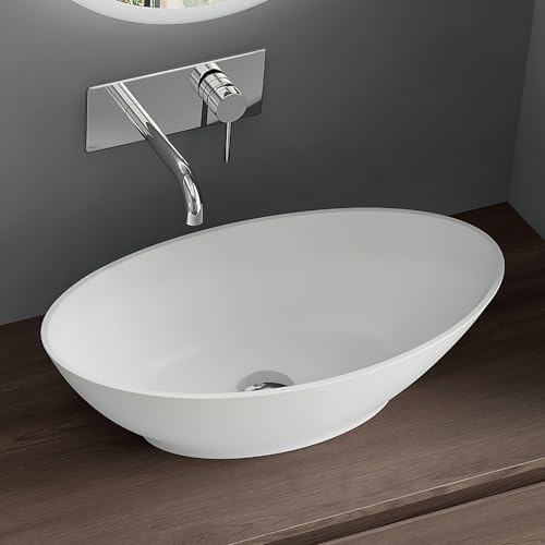 Mai & Mai Waschbecken Oval 60x36x14cm Aufsatzwaschbecken in Weiß matt | Waschschale Waschtisch aus Mineralguss ohne Hahnloch und Überlauf Colossum807