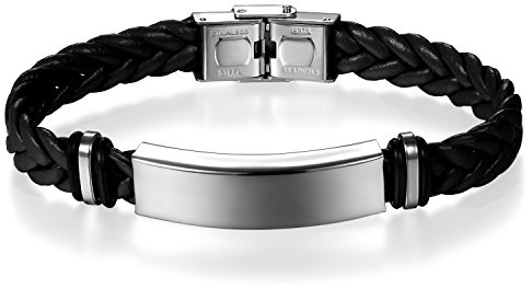 JewelryWe Lederarmband Herren Damen Edelstahl Einfach Geflochten Leder Armband Armreif mit Glänzend Poliert Edelstahl Platte Geschenk