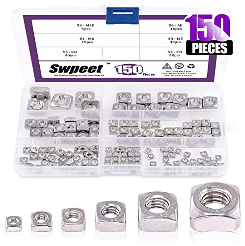 Swpeet 150pcs 304 acero inoxidable 6 tamaños metrico cuadrado tuercas Kit de la variedad, máquina tornillo tuercas métrica rosca gruesa - M3 M4 M5 M6 M8 M10